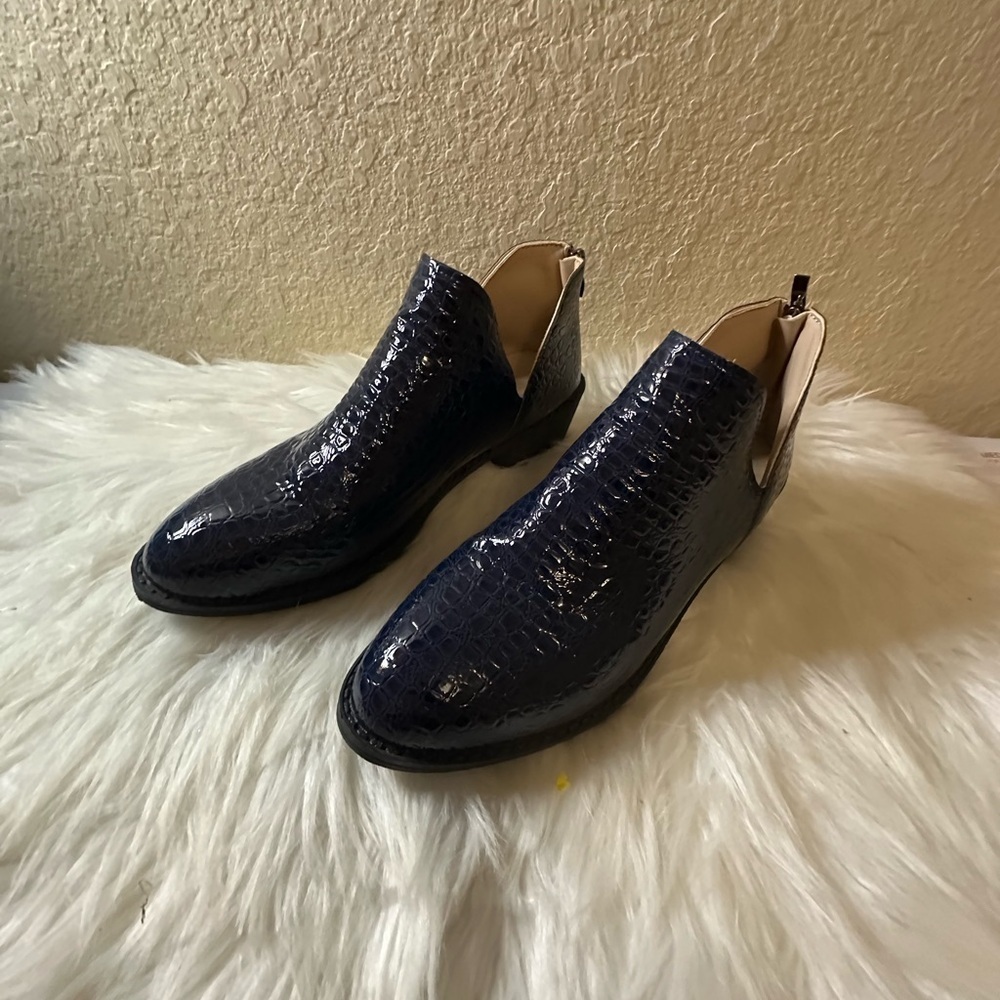 Navy Croc-Embossed Ankle Boots